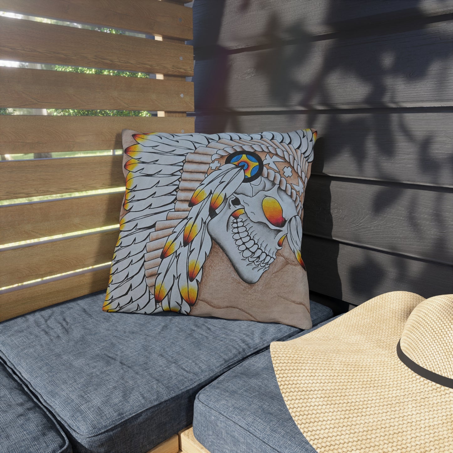 Chief Skull Outdoor Pillow — Tribal Skull Accent Cushion for Patio