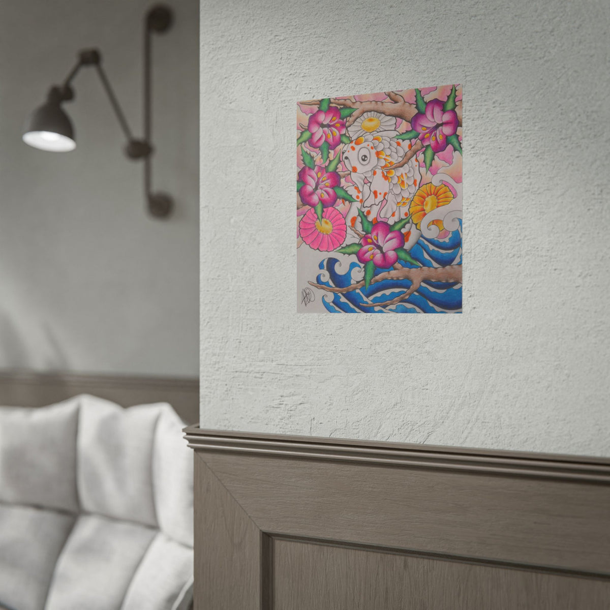 Koi & Cherry Blossom Art Poster — Japanese Tattoo Style Rolled Print