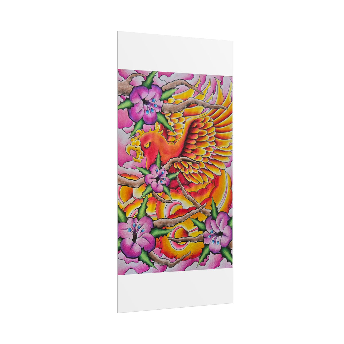 Phoenix Floral Art Poster — Vibrant Tattoo-Style Rolled Print