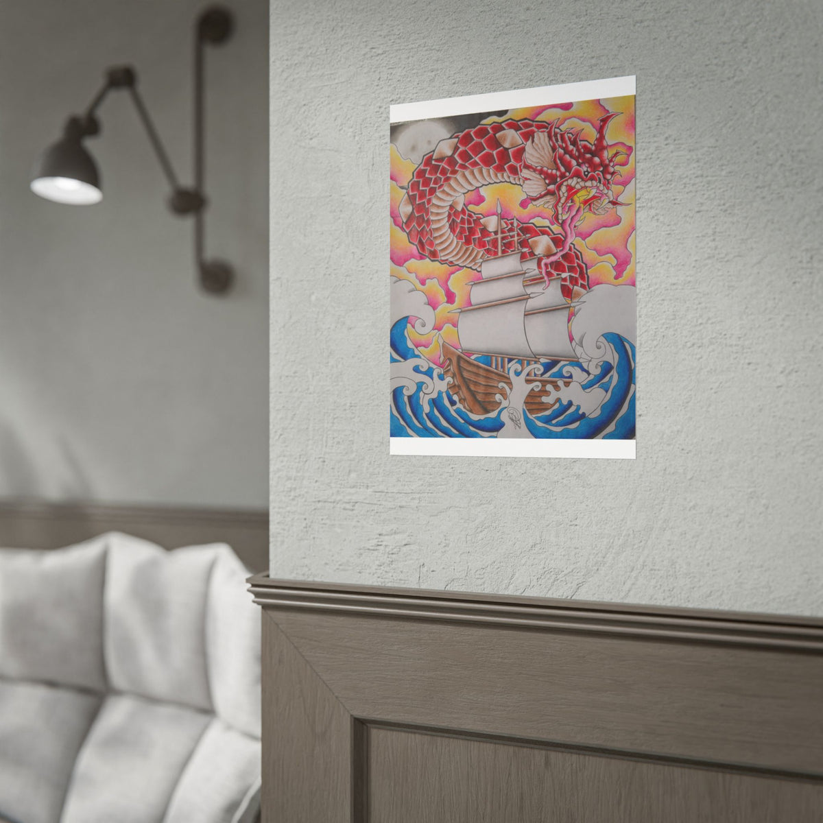 Sail and Dragon Art Poster — Nautical Tattoo-Style Rolled Print