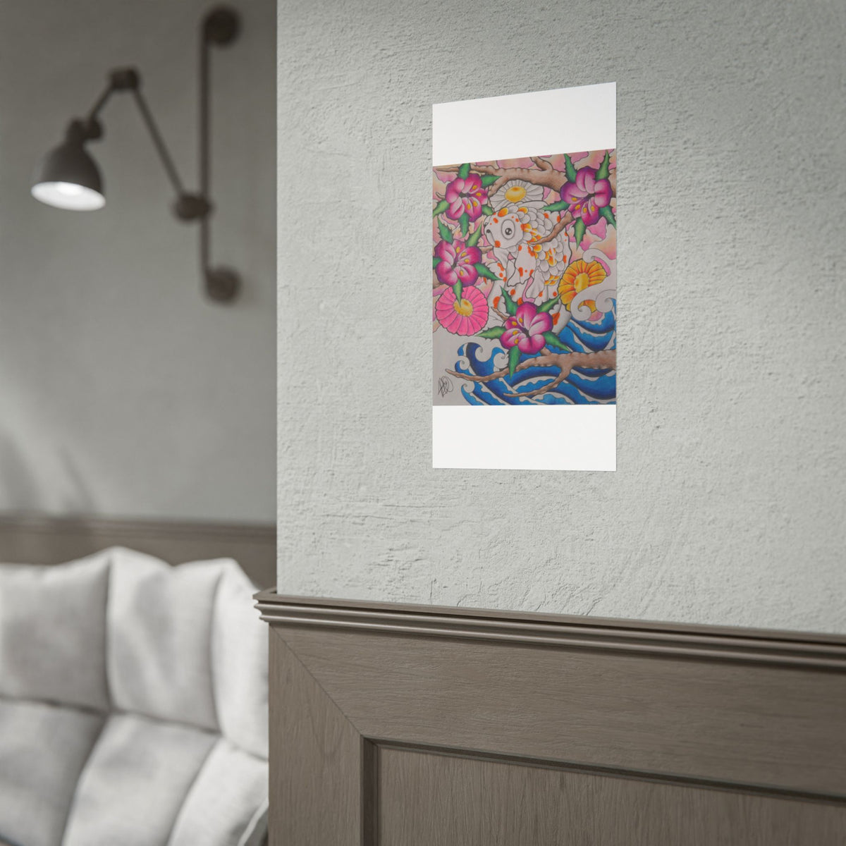 Koi & Cherry Blossom Art Poster — Japanese Tattoo Style Rolled Print