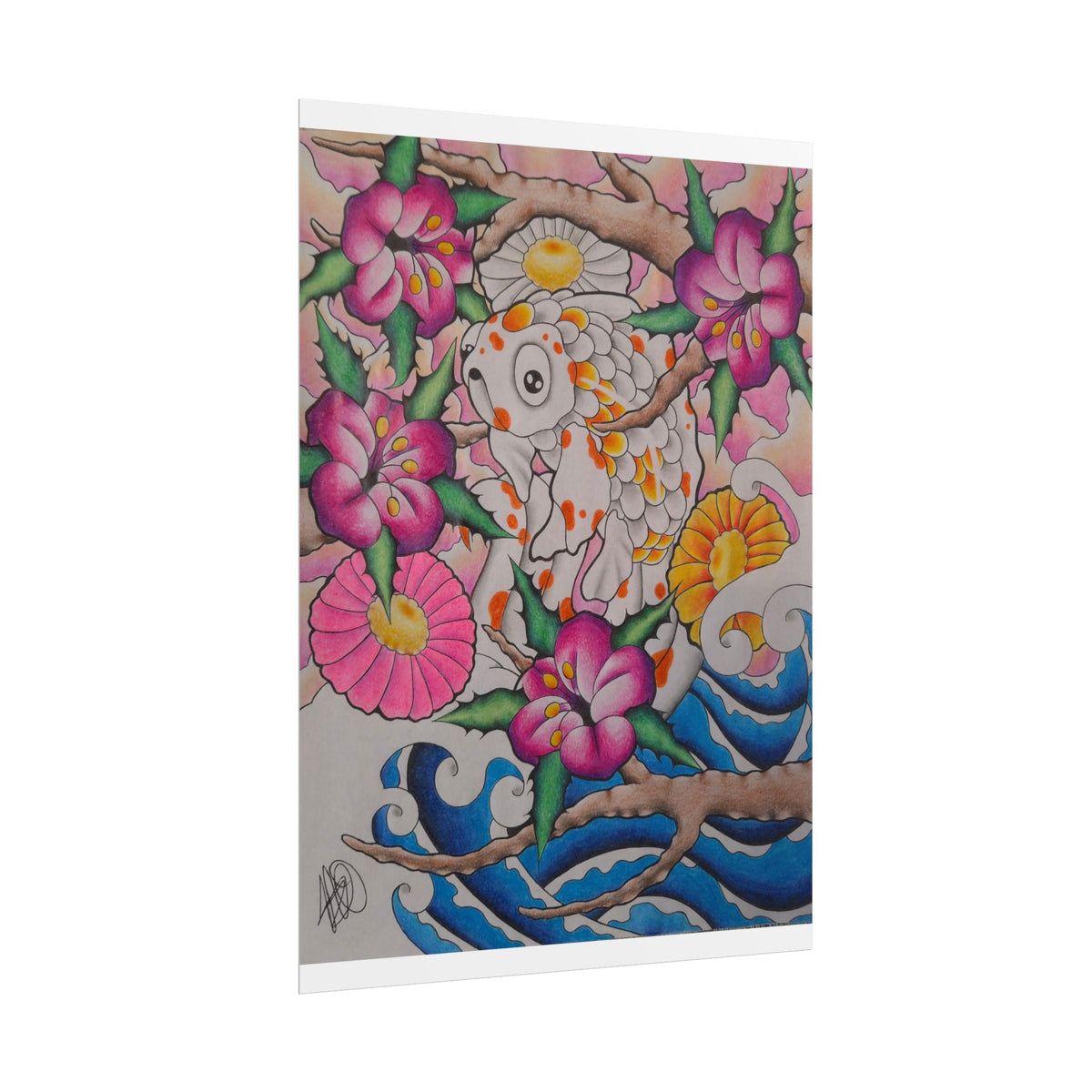 Koi & Cherry Blossom Art Poster — Japanese Tattoo Style Rolled Print