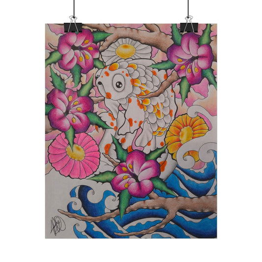 Koi & Cherry Blossom Art Poster — Japanese Tattoo Style Rolled Print