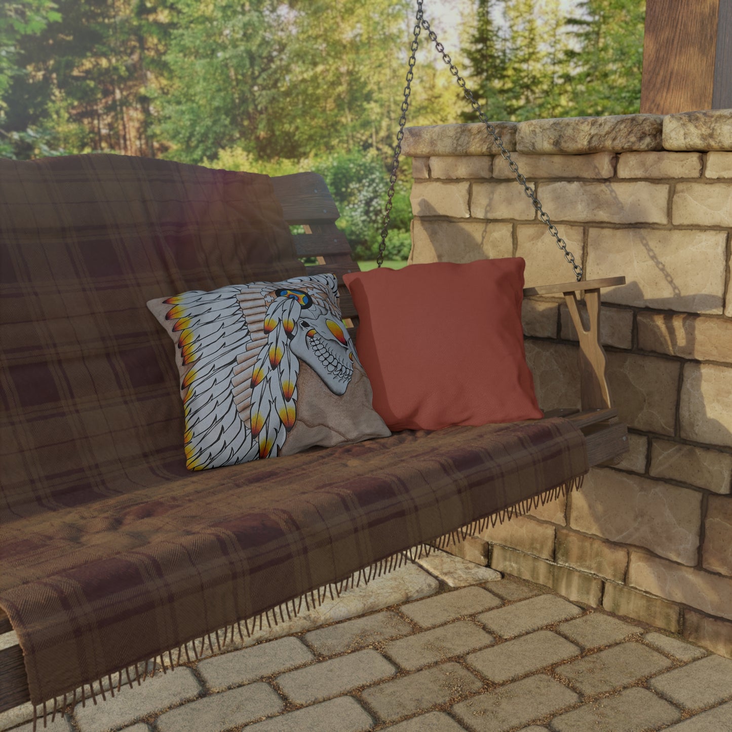 Chief Skull Outdoor Pillow — Tribal Skull Accent Cushion for Patio