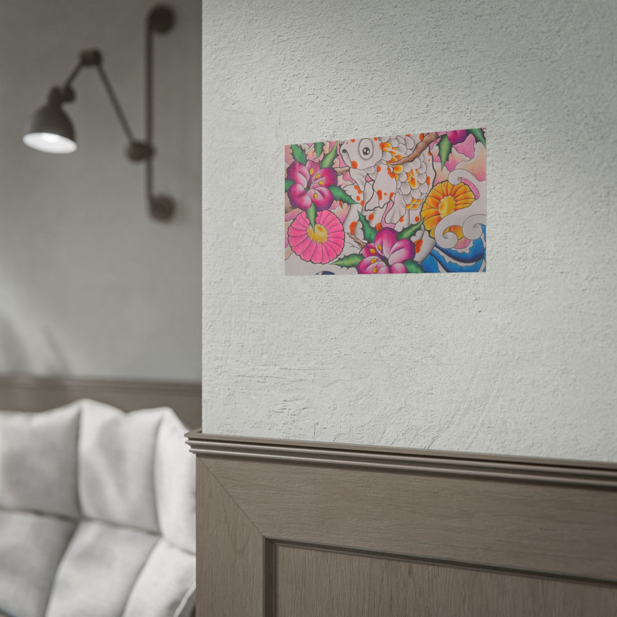 Koi & Cherry Blossom Art Poster — Japanese Tattoo Style Rolled Print