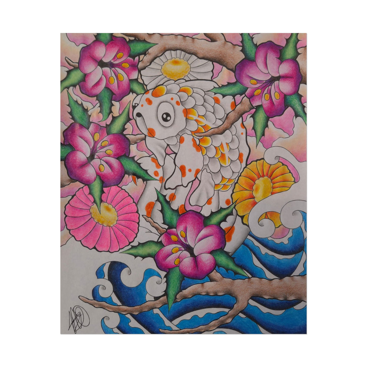 Koi & Cherry Blossom Art Poster — Japanese Tattoo Style Rolled Print
