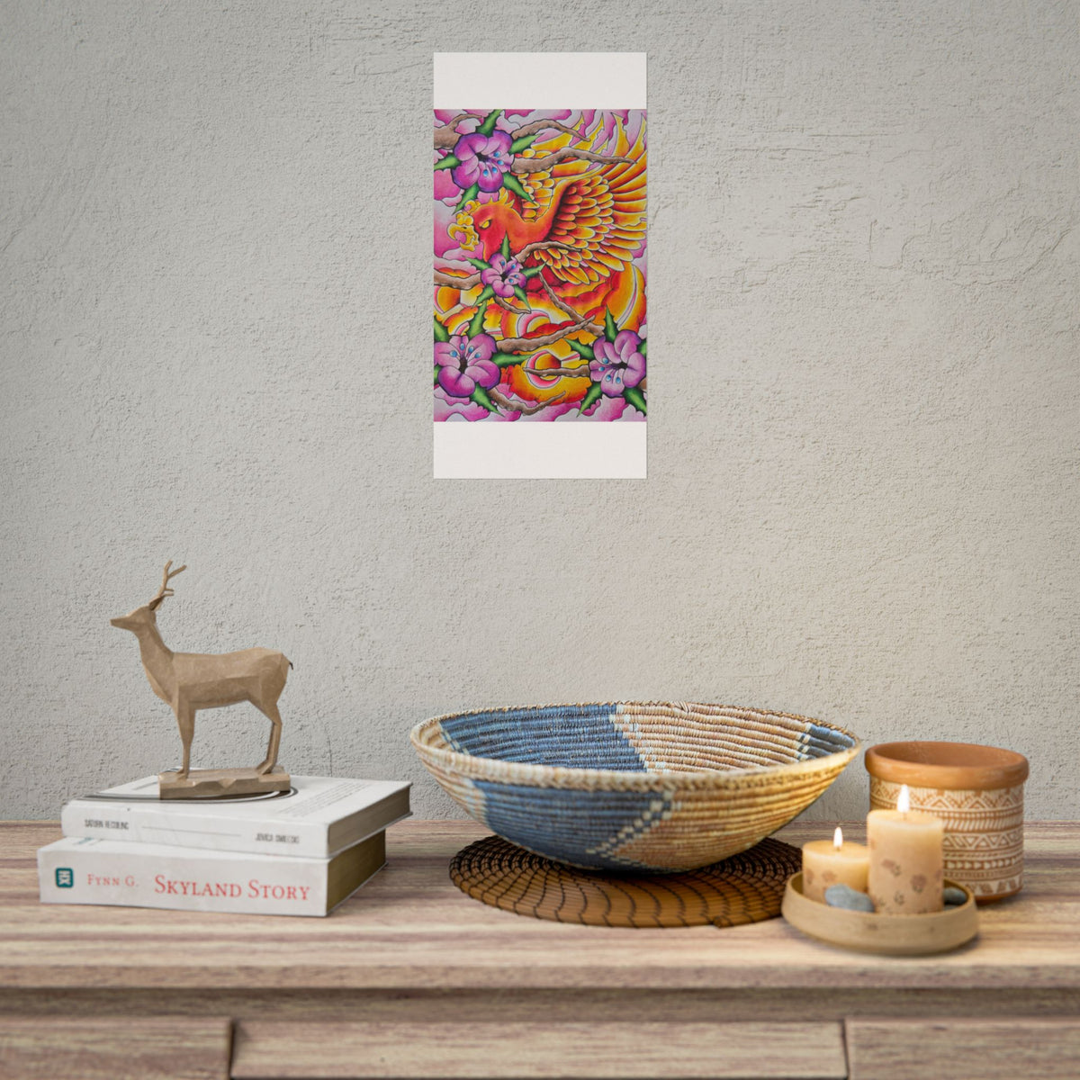 Phoenix Floral Art Poster — Vibrant Tattoo-Style Rolled Print