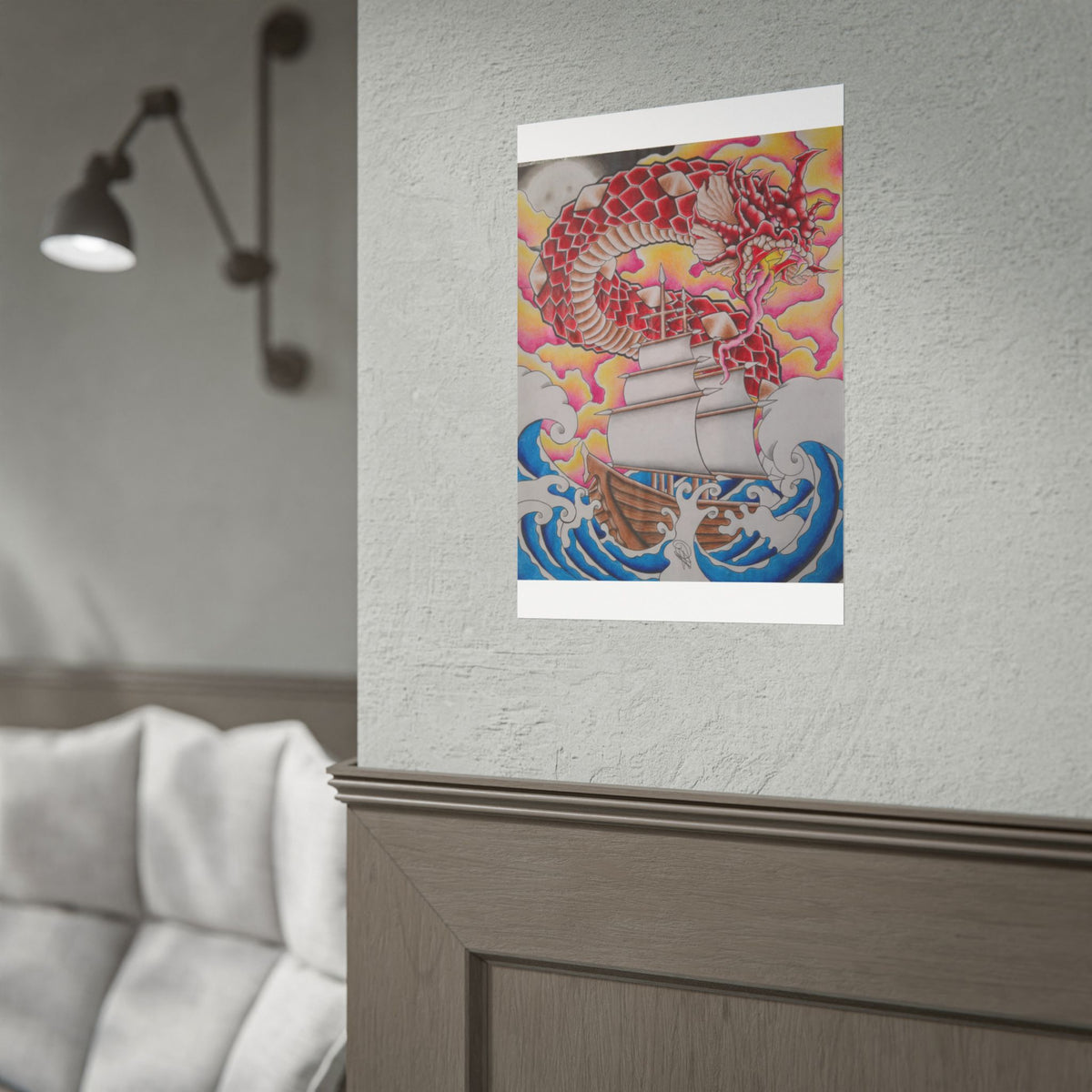Sail and Dragon Art Poster — Nautical Tattoo-Style Rolled Print