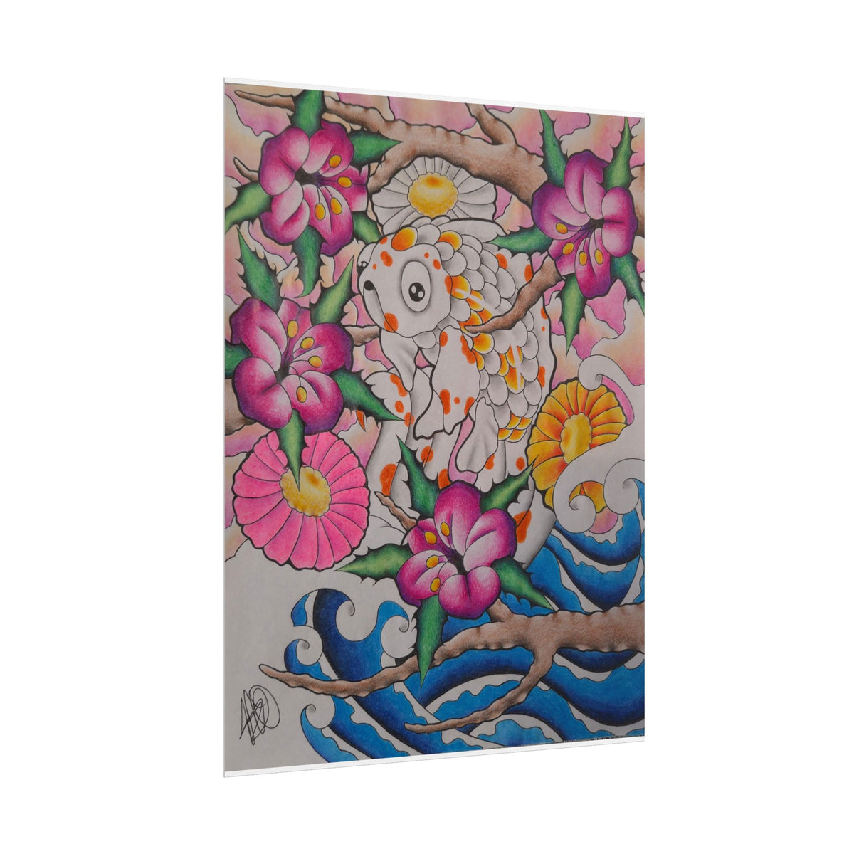 Koi & Cherry Blossom Art Poster — Japanese Tattoo Style Rolled Print