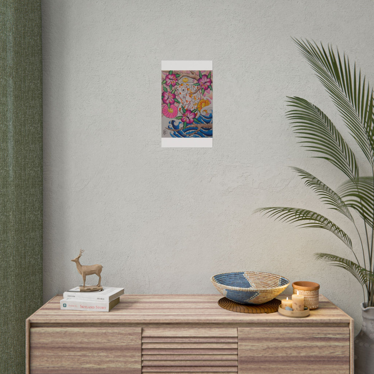 Koi & Cherry Blossom Art Poster — Japanese Tattoo Style Rolled Print
