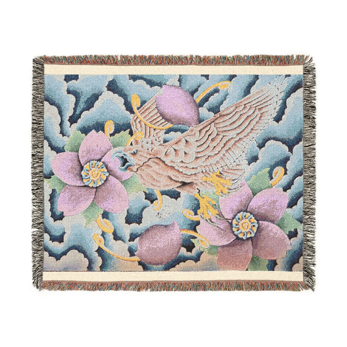 Floral Bird Woven Blanket — Vintage Botanical Throw for Living Room & Gift