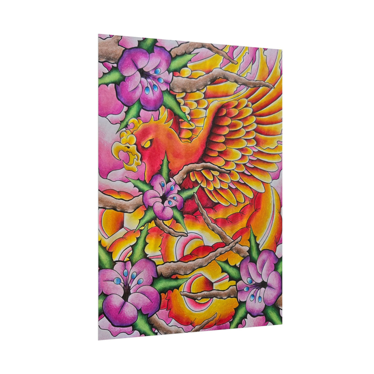 Phoenix Floral Art Poster — Vibrant Tattoo-Style Rolled Print