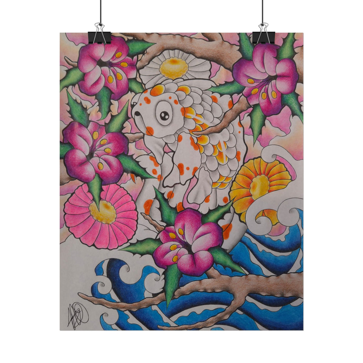 Koi & Cherry Blossom Art Poster — Japanese Tattoo Style Rolled Print