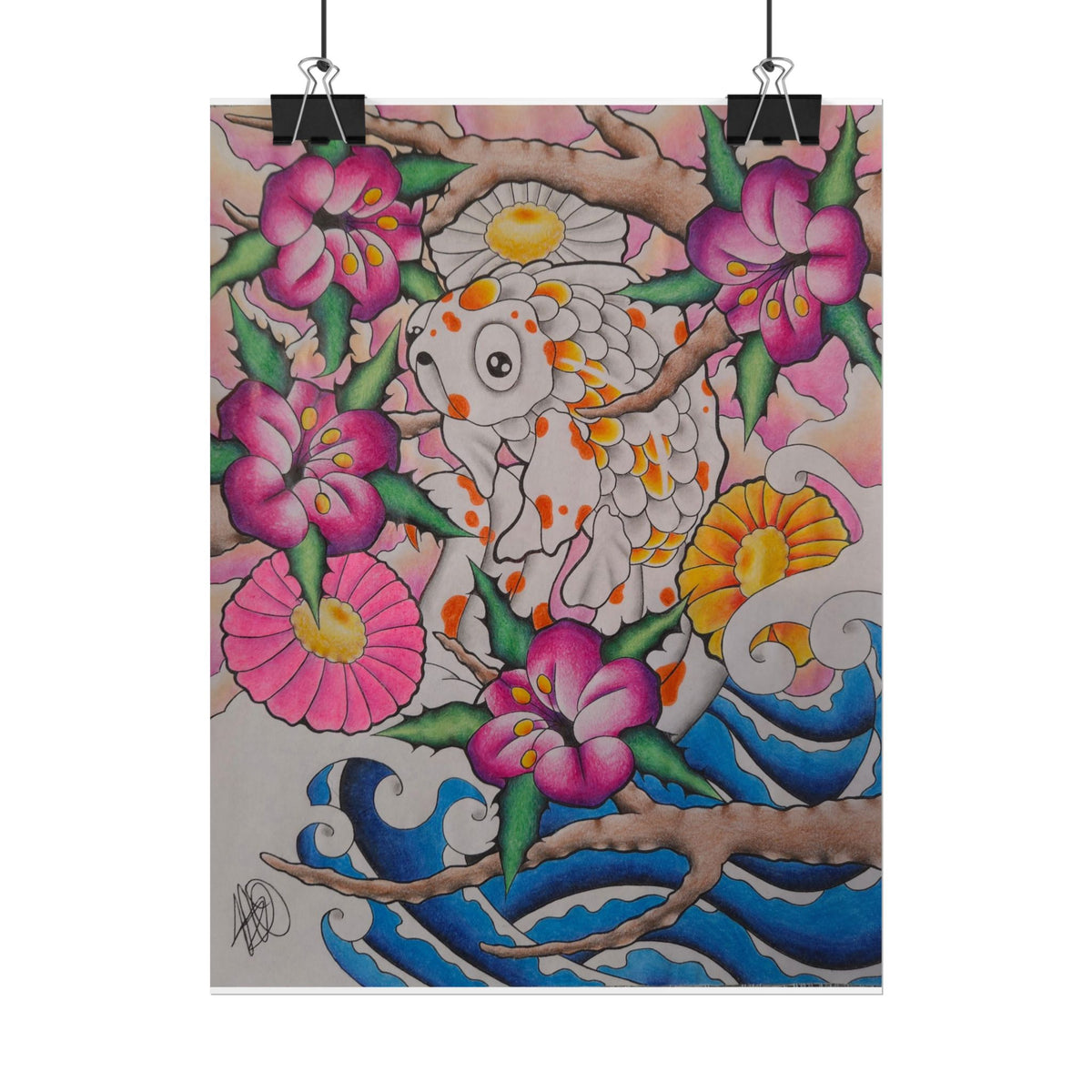 Koi & Cherry Blossom Art Poster — Japanese Tattoo Style Rolled Print