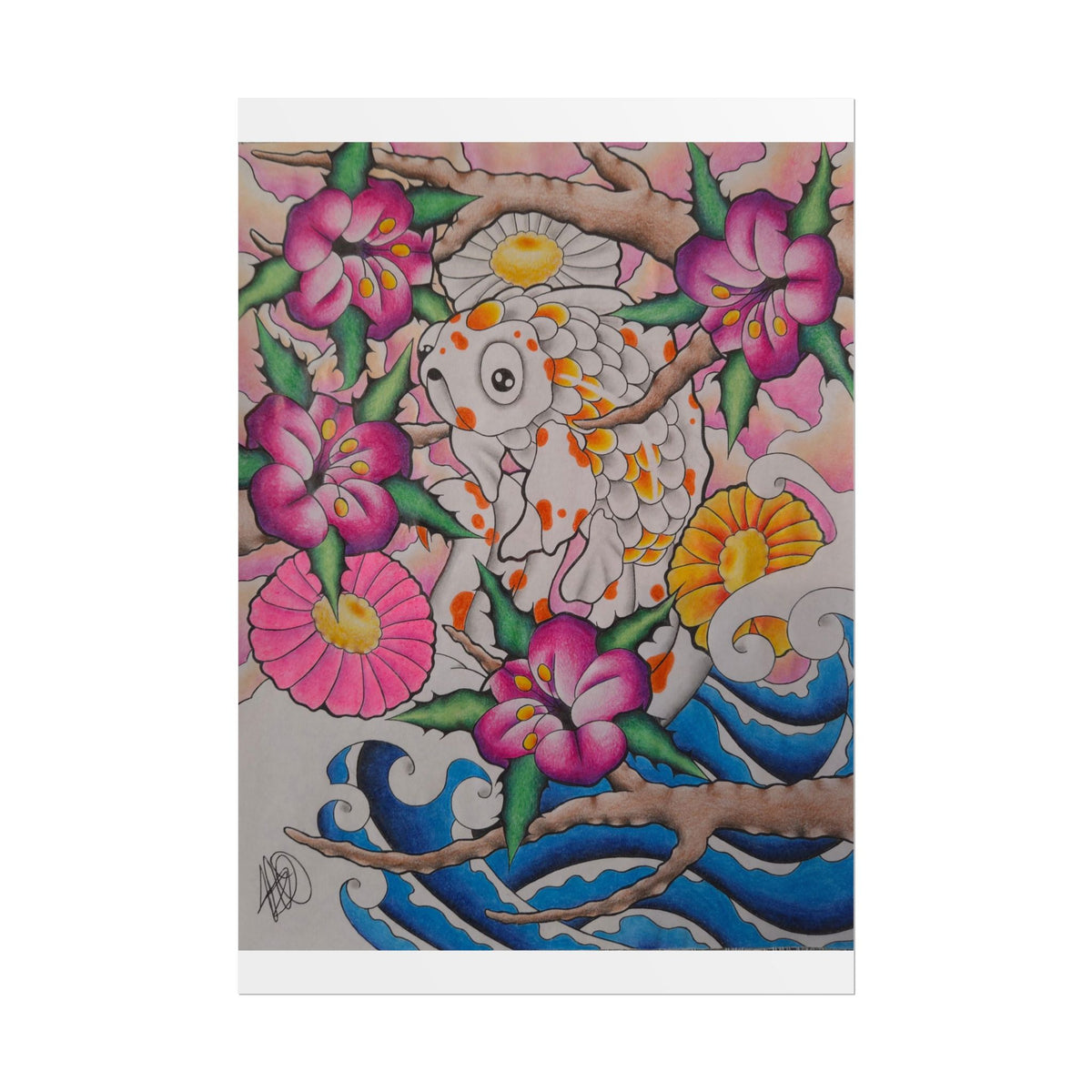 Koi & Cherry Blossom Art Poster — Japanese Tattoo Style Rolled Print