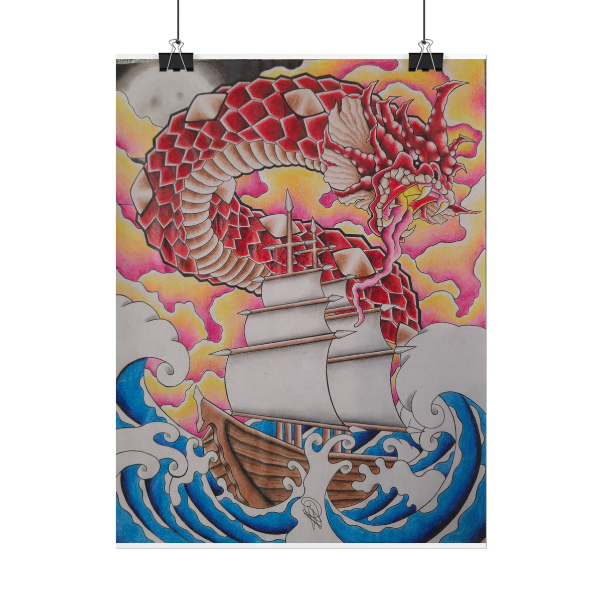 Sail and Dragon Art Poster — Nautical Tattoo-Style Rolled Print