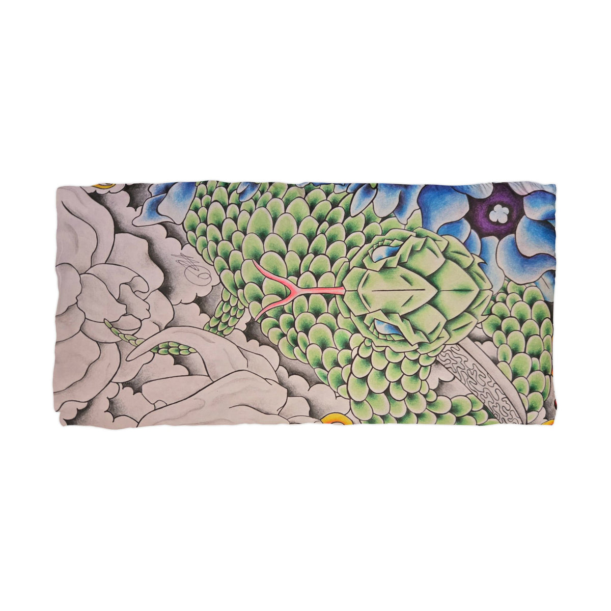 Green Snake Tattoo Microfiber Pillowcase — Floral Japanese-Style Design