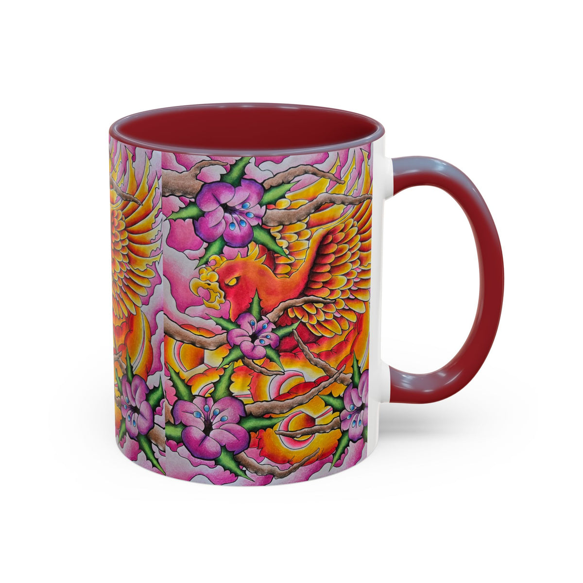 Phoenix Floral Coffee Mug — Colorful Tattoo-Style Ceramic Accent Mug