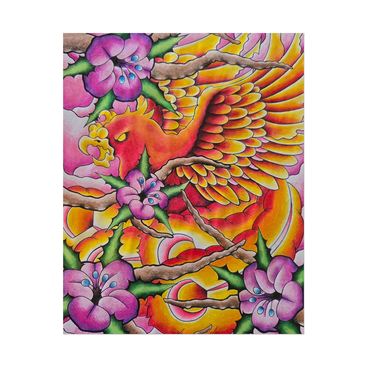 Phoenix Floral Art Poster — Vibrant Tattoo-Style Rolled Print