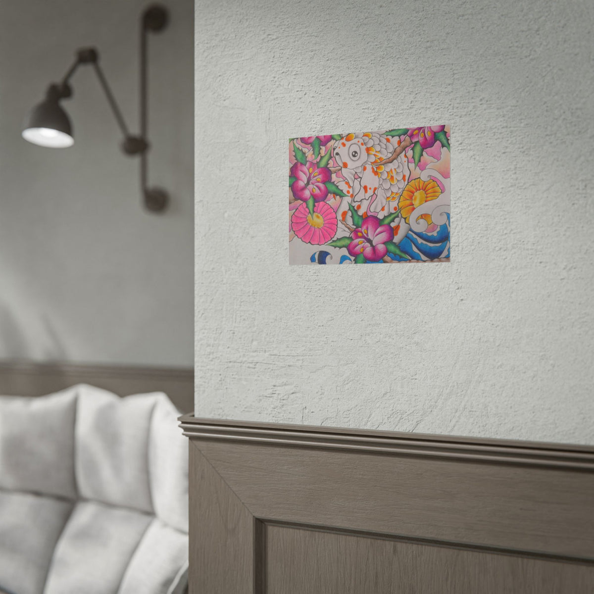 Koi & Cherry Blossom Art Poster — Japanese Tattoo Style Rolled Print