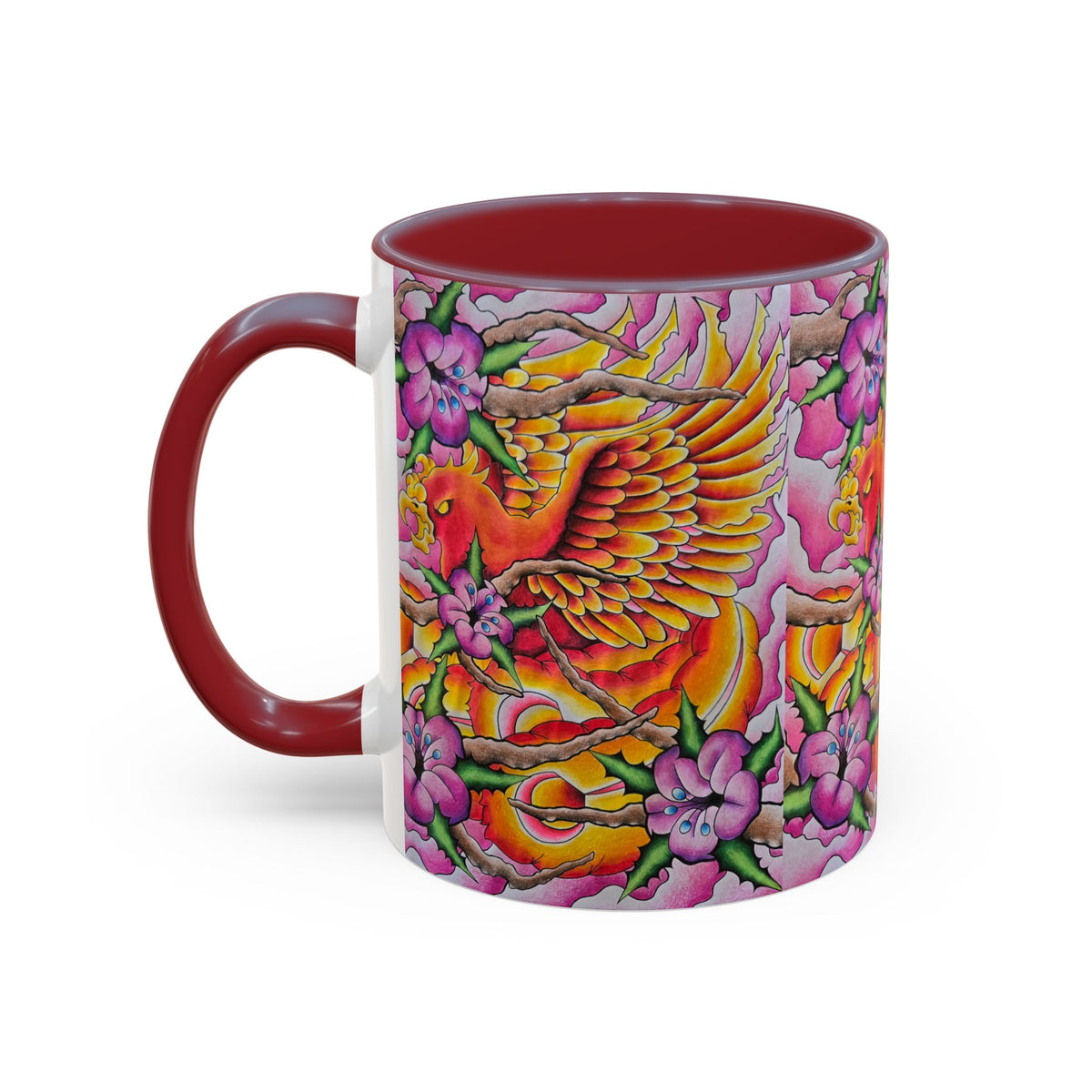 Phoenix Floral Coffee Mug — Colorful Tattoo-Style Ceramic Accent Mug