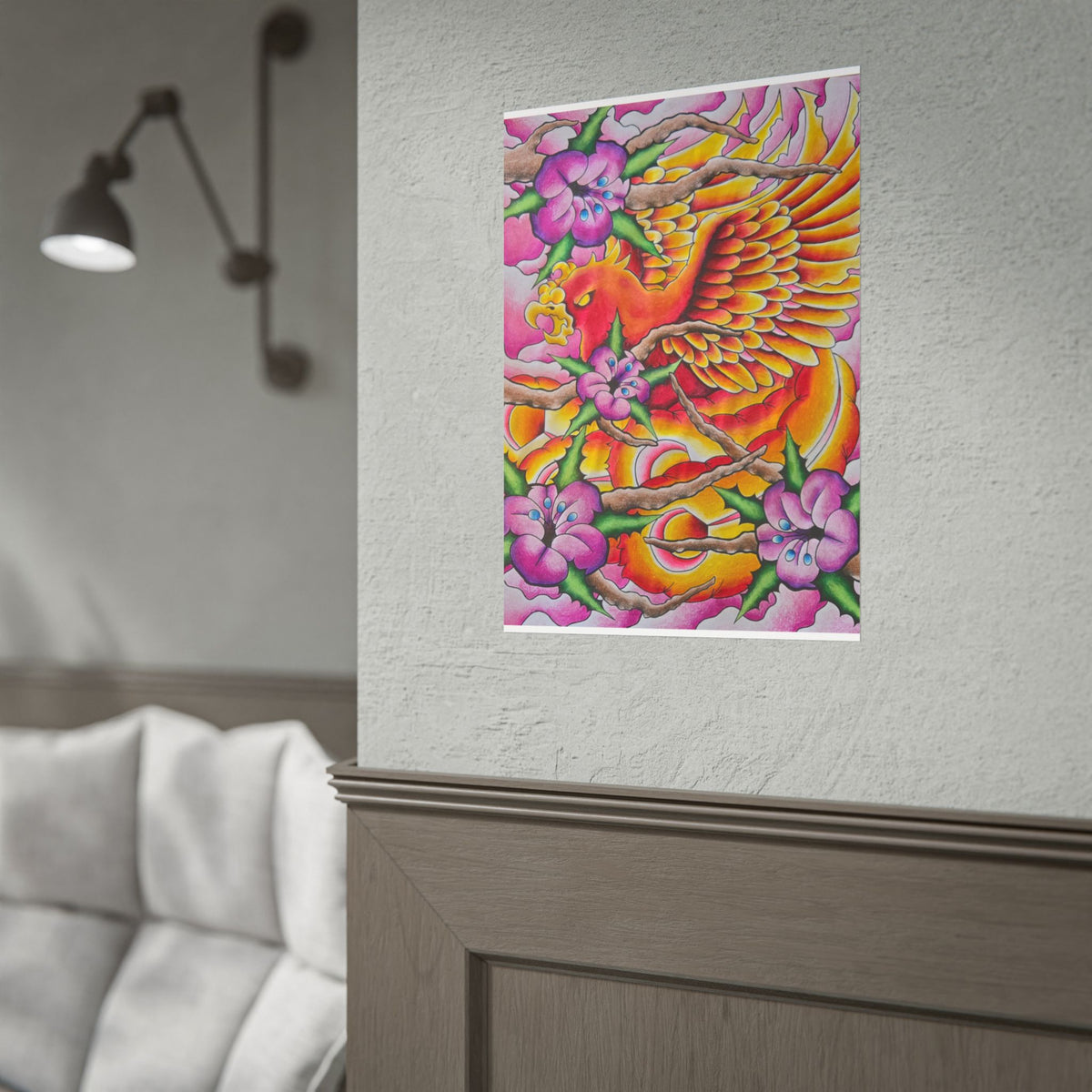 Phoenix Floral Art Poster — Vibrant Tattoo-Style Rolled Print