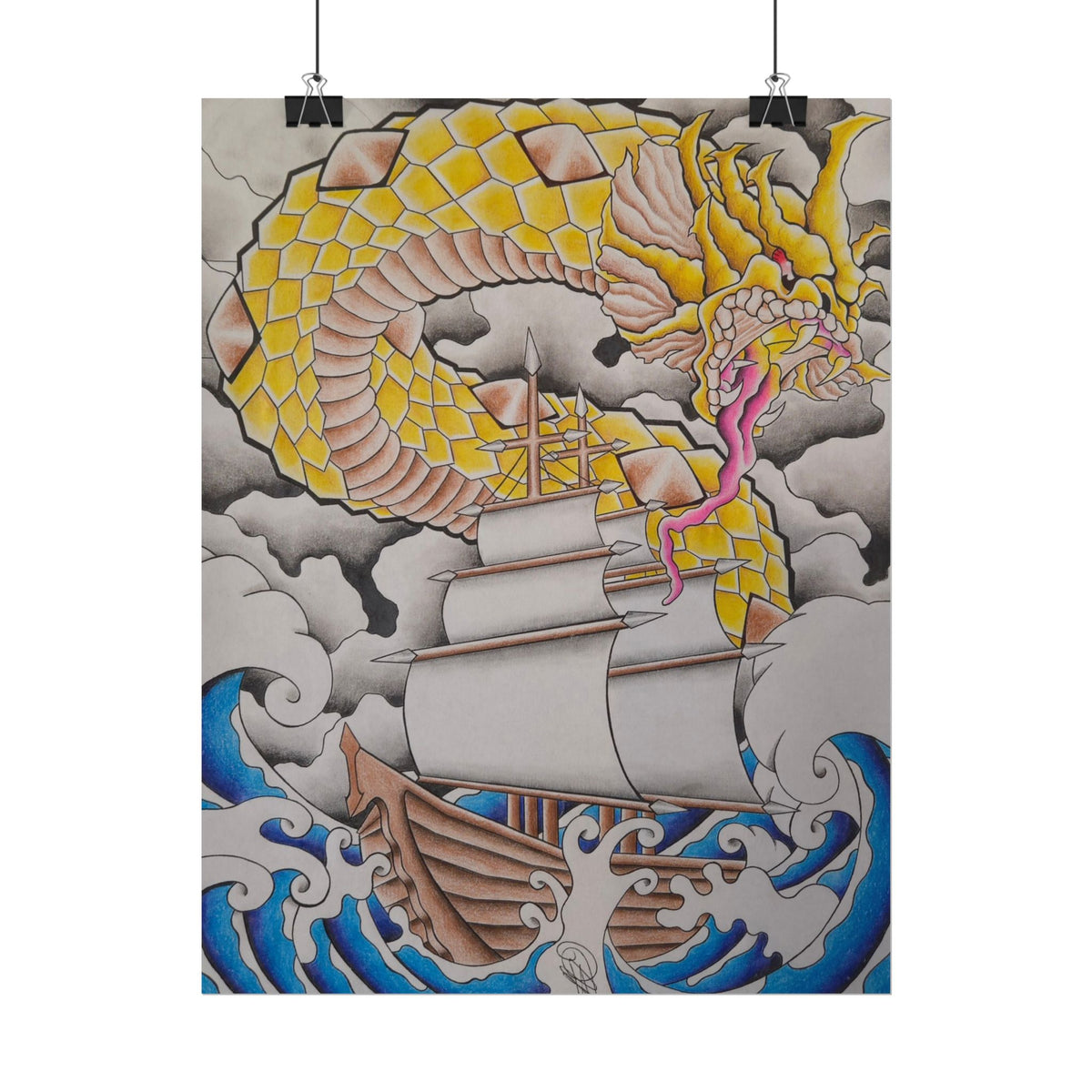 Sailboat & Golden Dragon Poster — Nautical Tattoo Art Rolled Print