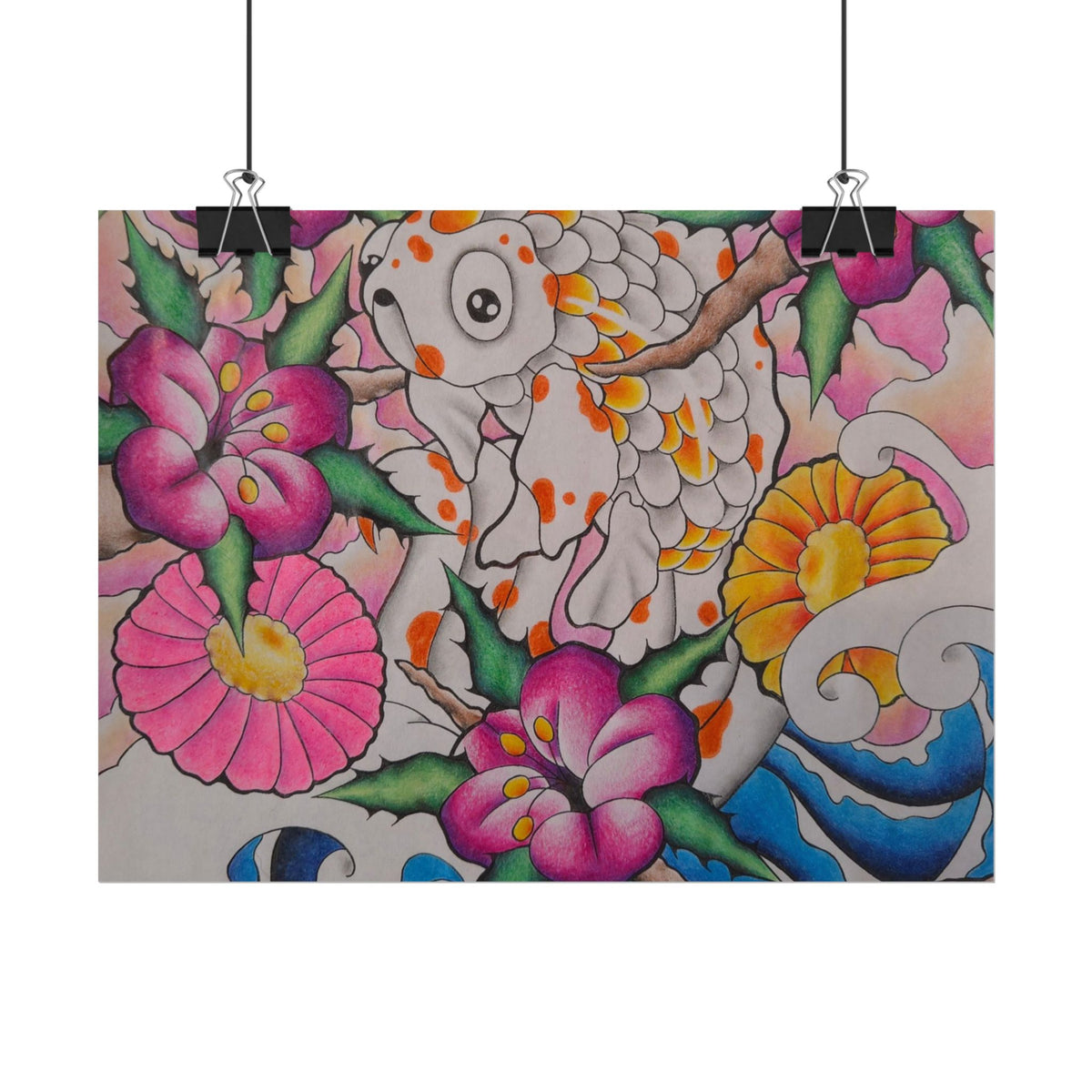 Koi & Cherry Blossom Art Poster — Japanese Tattoo Style Rolled Print