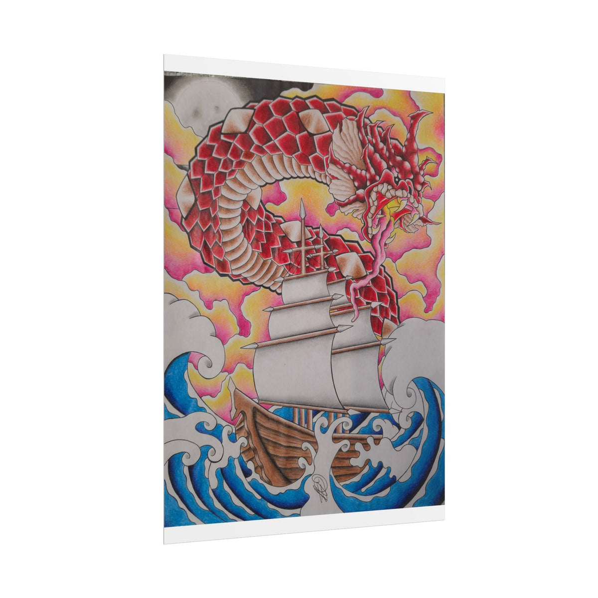 Sail and Dragon Art Poster — Nautical Tattoo-Style Rolled Print