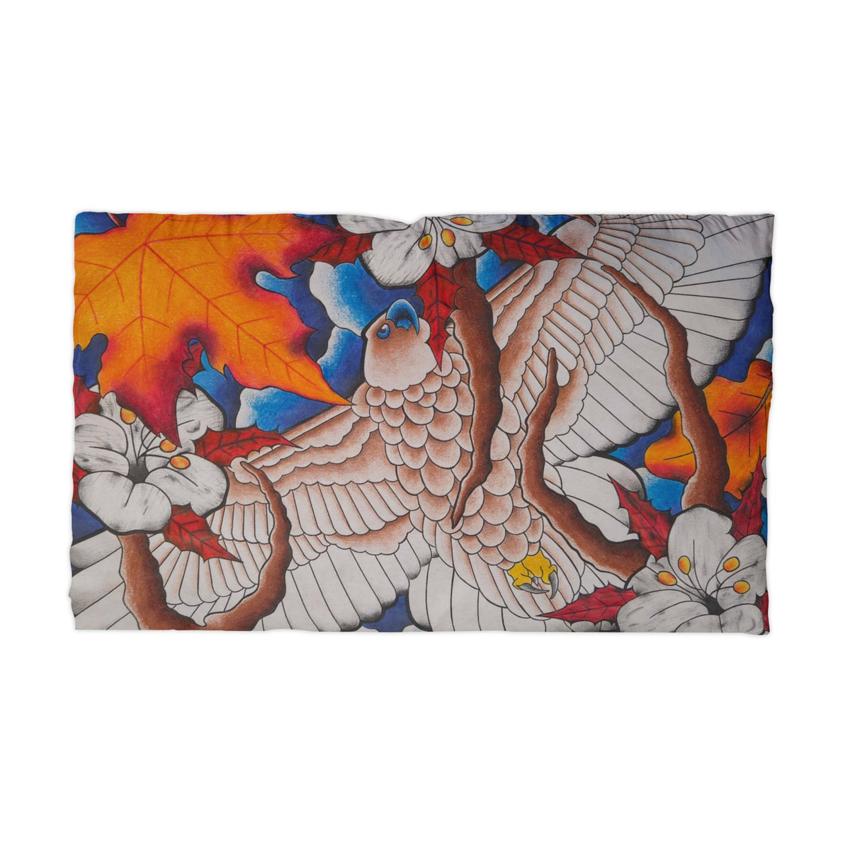 Autumn Hawk Microfiber Pillowcase — Vibrant Floral & Bird Double-Sided Print