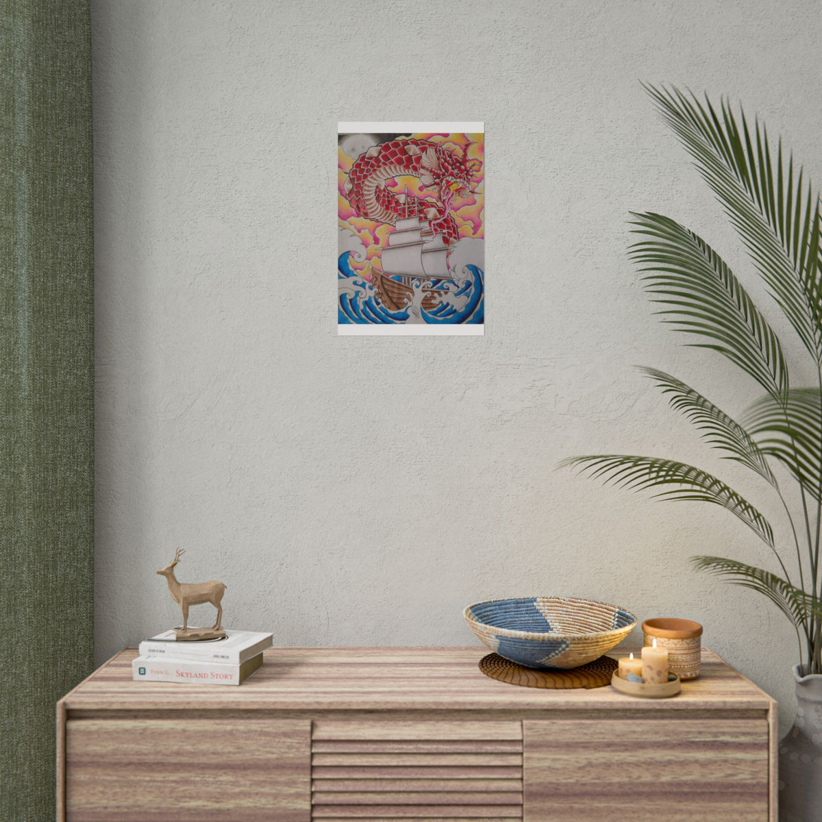Sail and Dragon Art Poster — Nautical Tattoo-Style Rolled Print