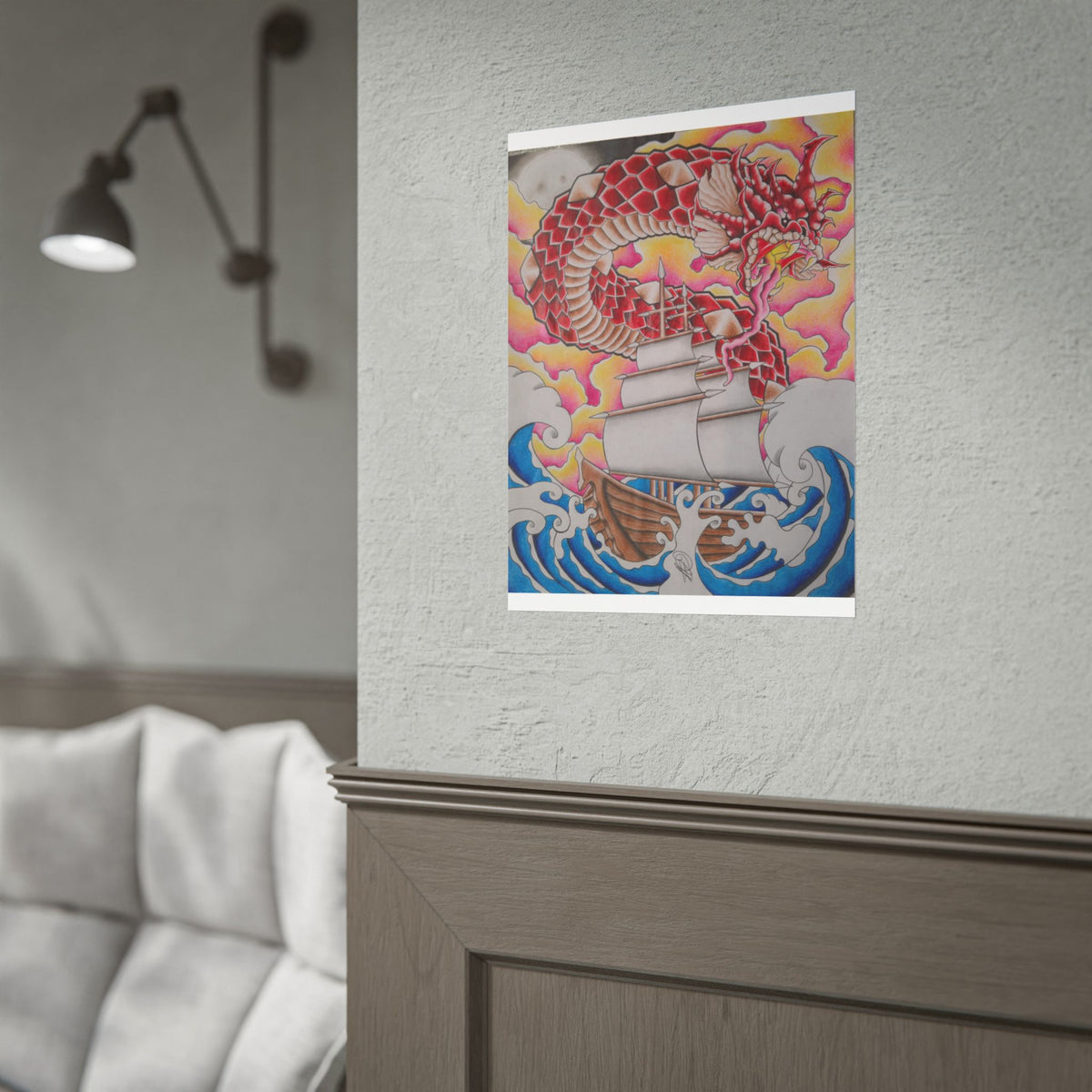 Sail and Dragon Art Poster — Nautical Tattoo-Style Rolled Print