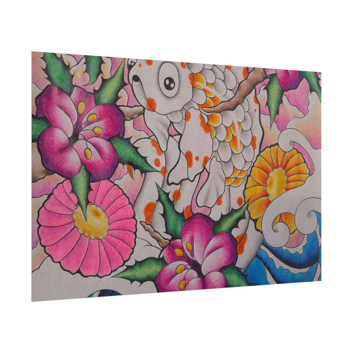 Koi & Cherry Blossom Art Poster — Japanese Tattoo Style Rolled Print