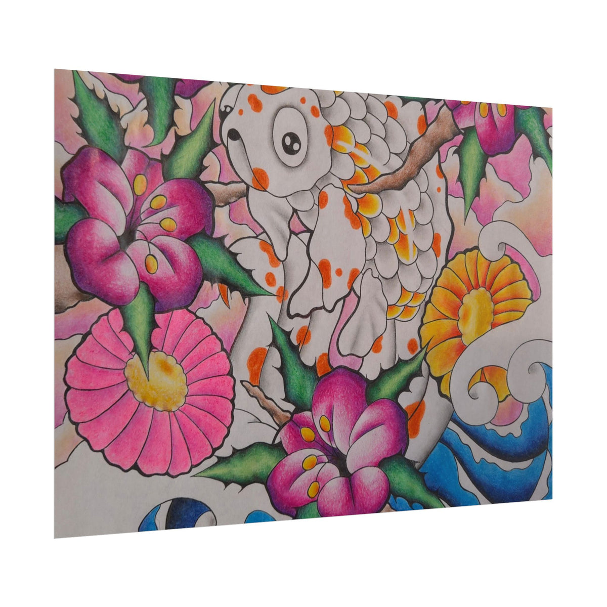 Koi & Cherry Blossom Art Poster — Japanese Tattoo Style Rolled Print