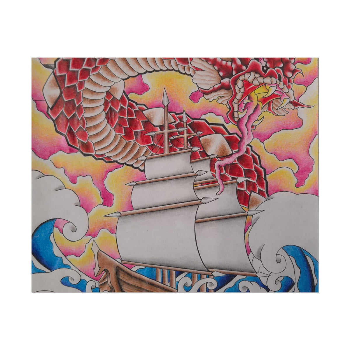 Sail and Dragon Art Poster — Nautical Tattoo-Style Rolled Print