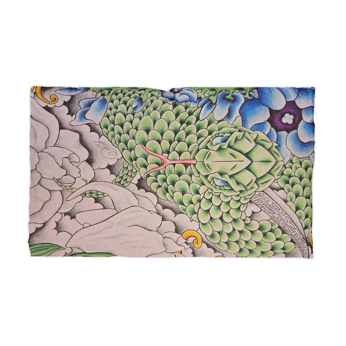 Green Snake Tattoo Microfiber Pillowcase — Floral Japanese-Style Design