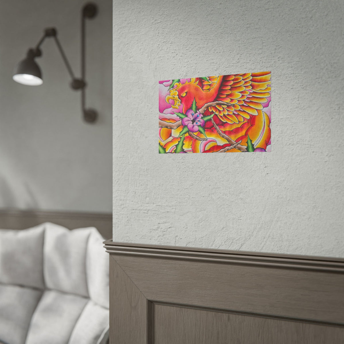 Phoenix Floral Art Poster — Vibrant Tattoo-Style Rolled Print