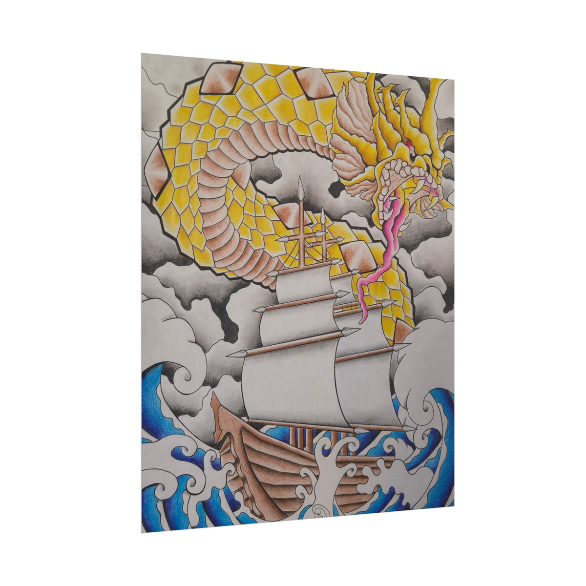 Sailboat & Golden Dragon Poster — Nautical Tattoo Art Rolled Print