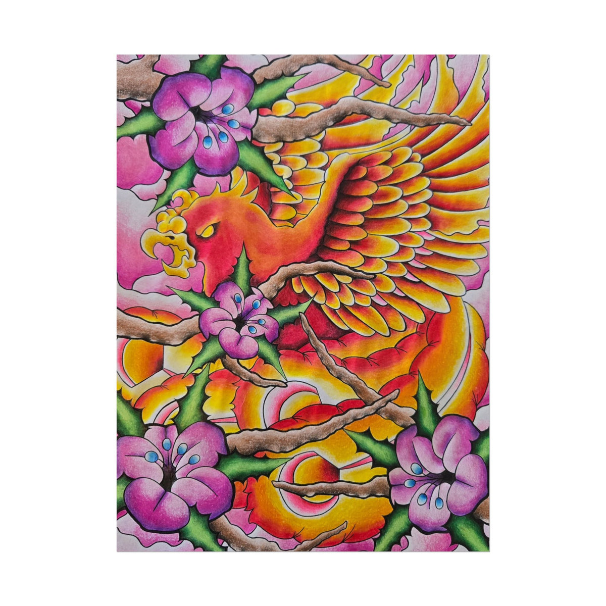 Phoenix Floral Art Poster — Vibrant Tattoo-Style Rolled Print