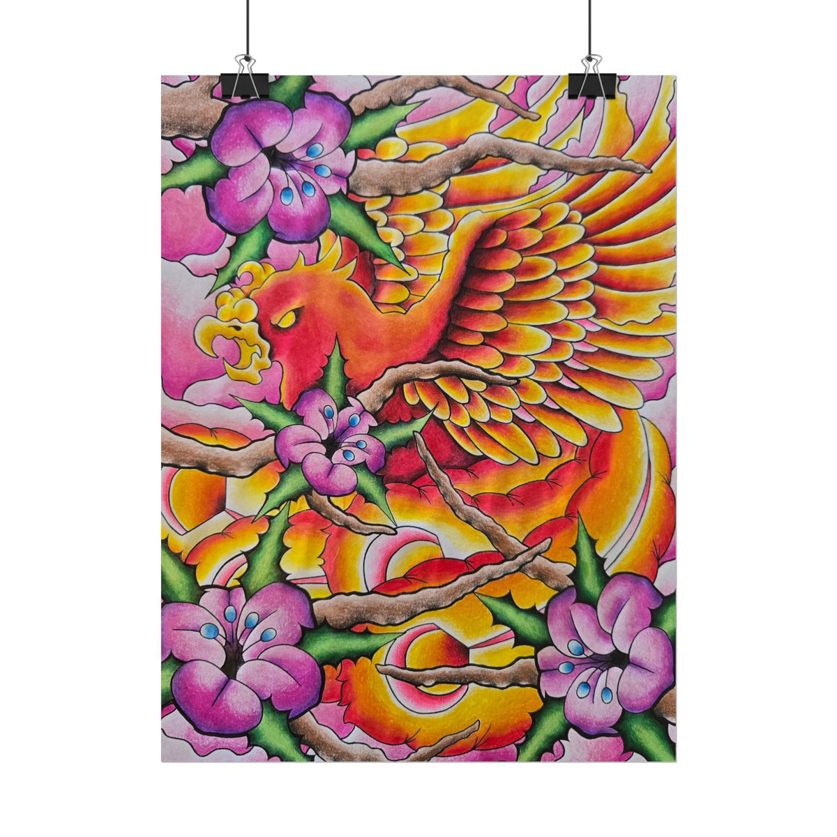 Phoenix Floral Art Poster — Vibrant Tattoo-Style Rolled Print