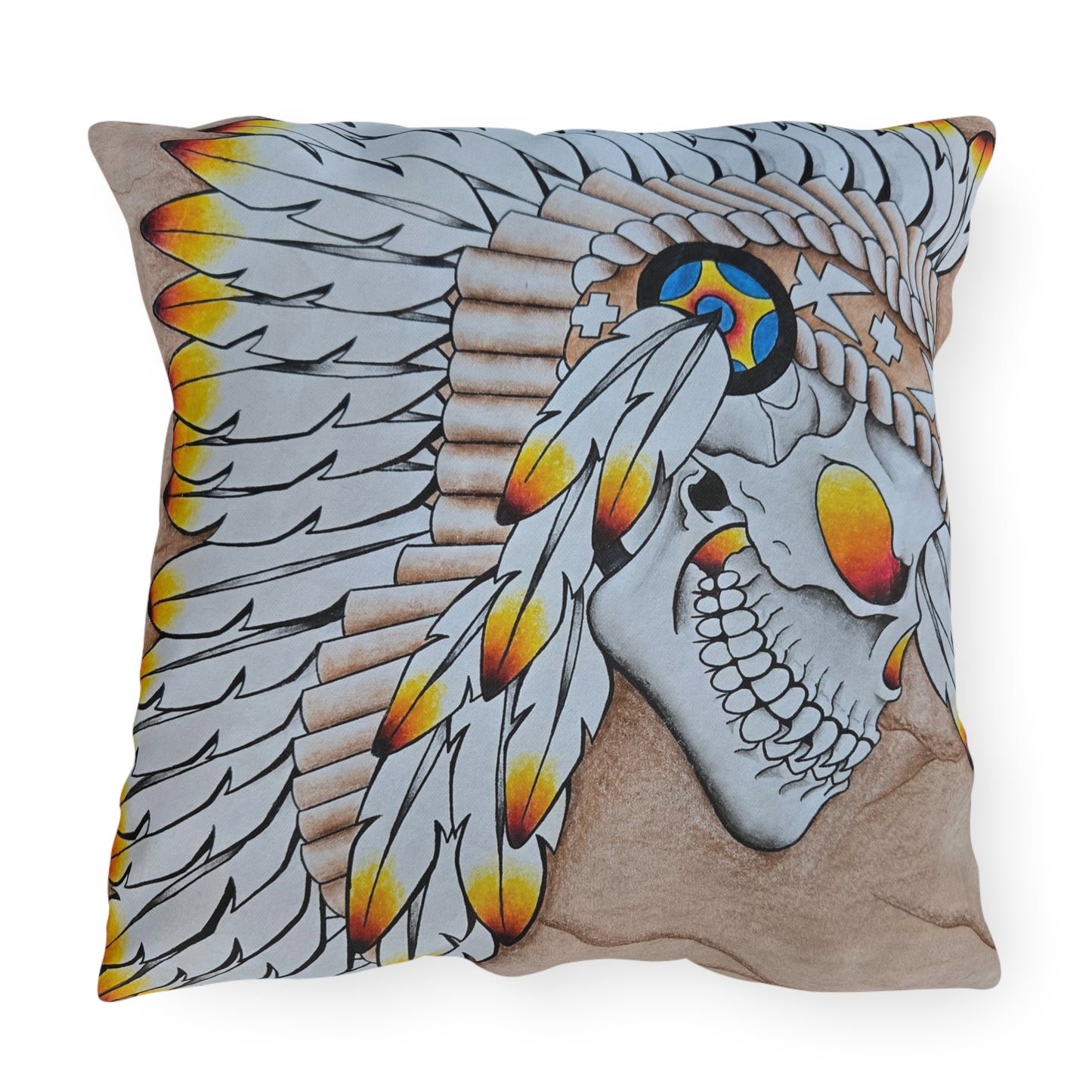 Chief Skull Outdoor Pillow — Tribal Skull Accent Cushion for Patio