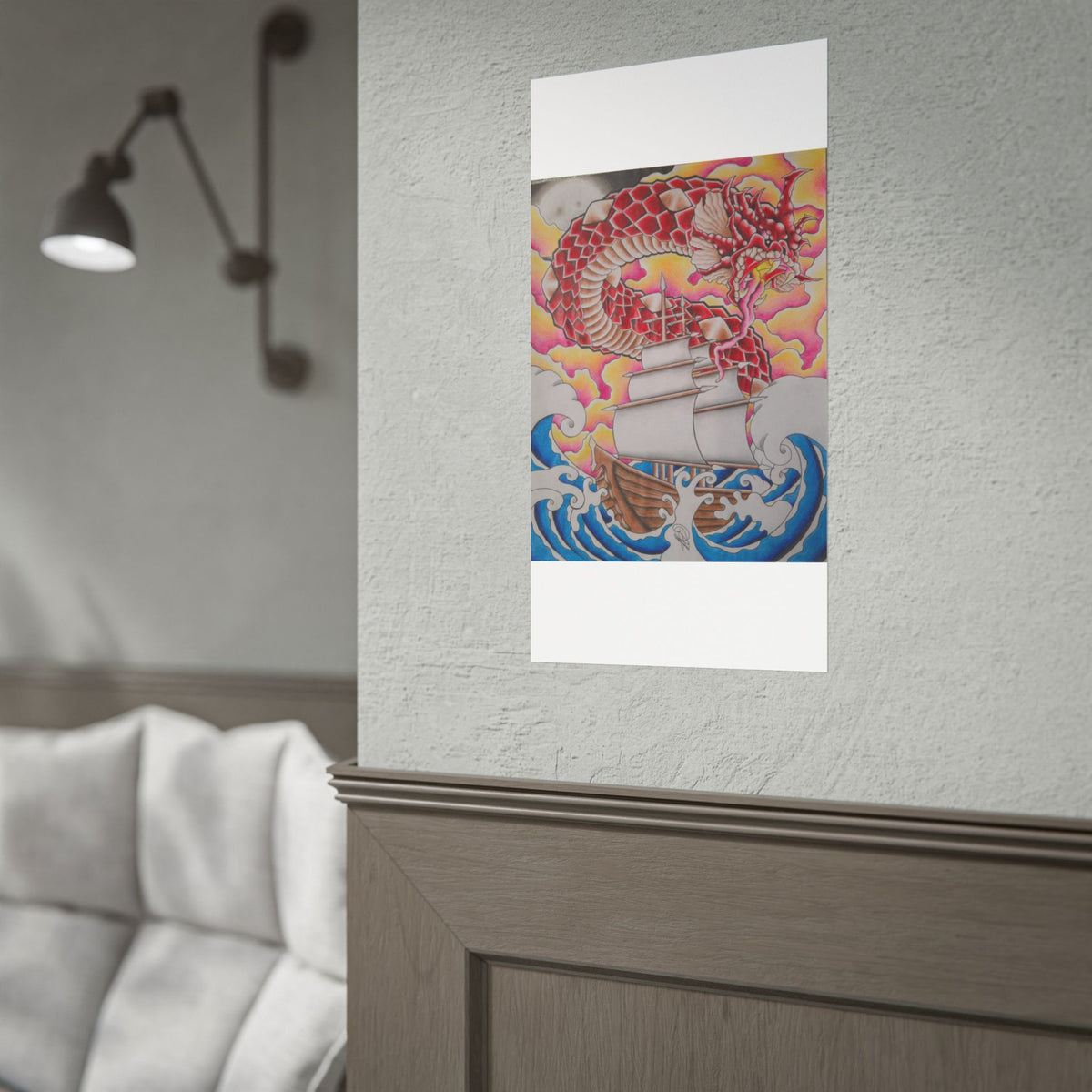 Sail and Dragon Art Poster — Nautical Tattoo-Style Rolled Print