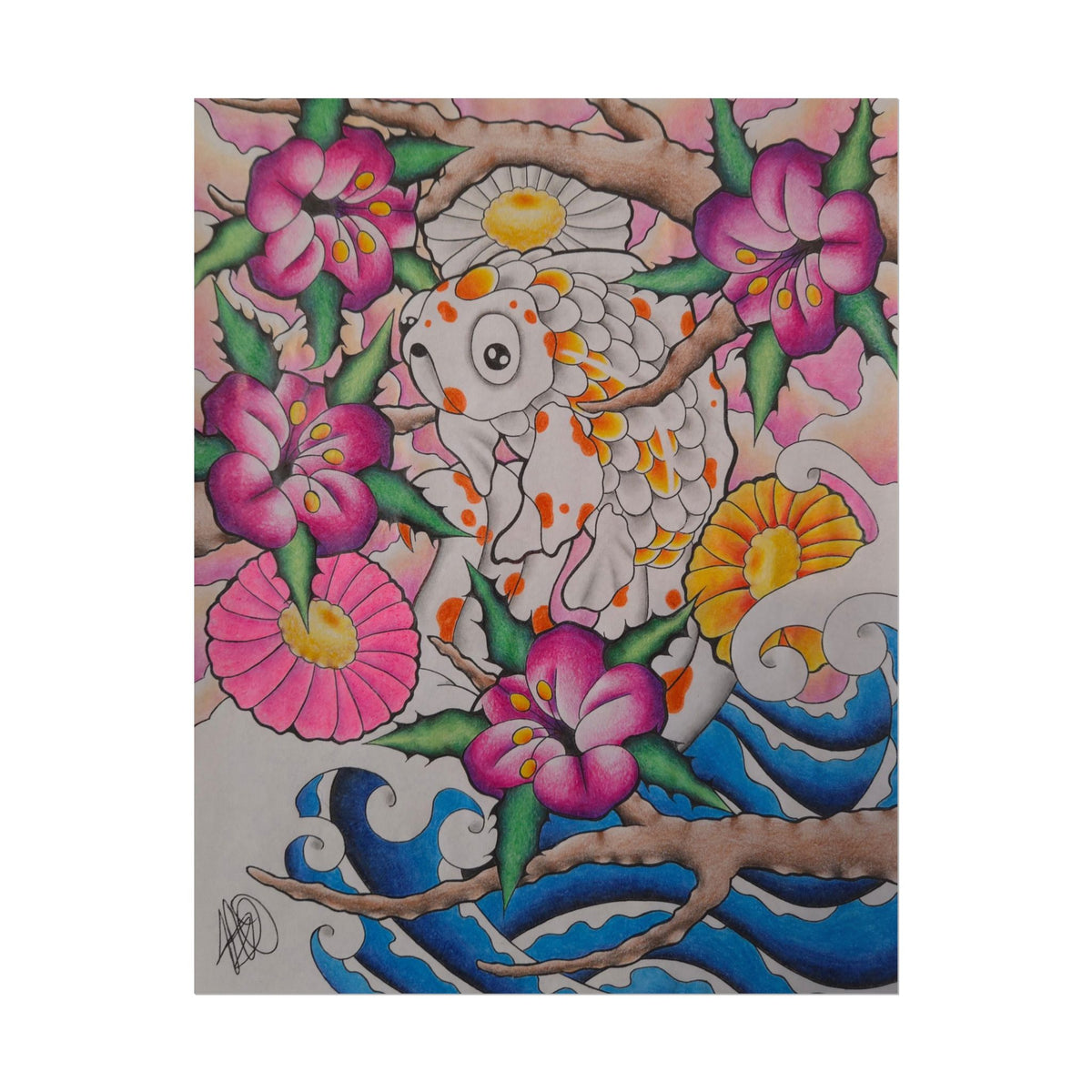 Koi & Cherry Blossom Art Poster — Japanese Tattoo Style Rolled Print