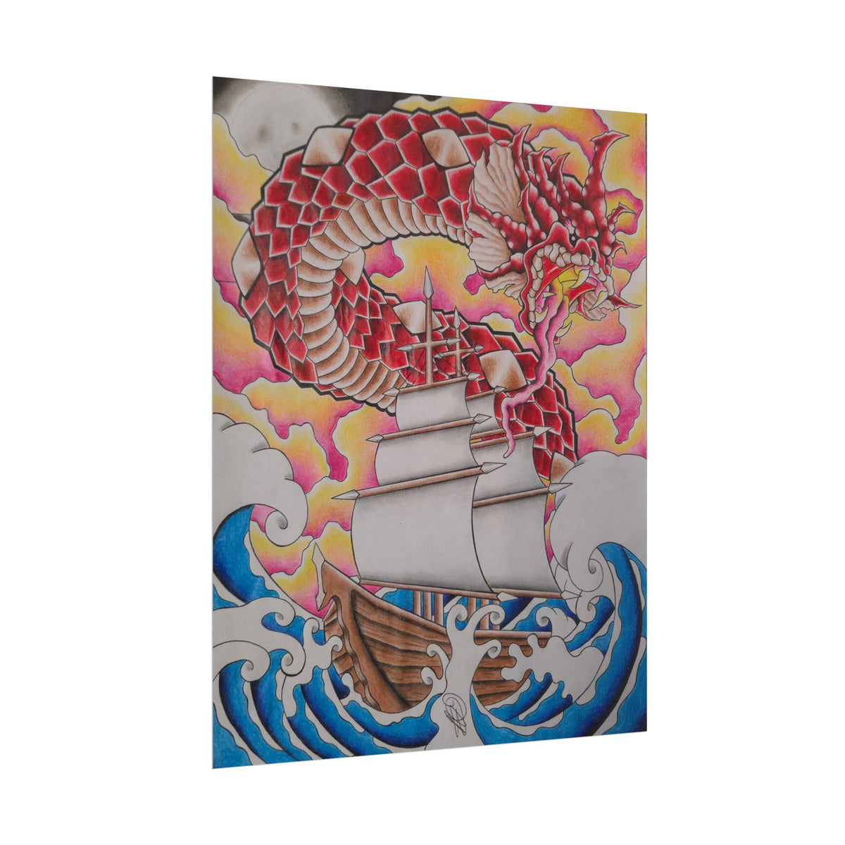 Sail and Dragon Art Poster — Nautical Tattoo-Style Rolled Print
