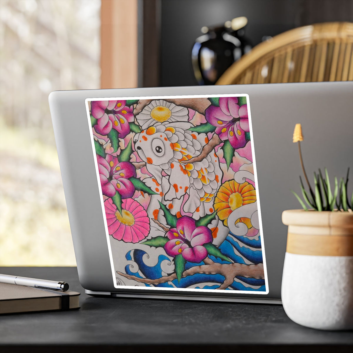 Koi & Cherry Blossom Vinyl Sticker — Kiss-Cut Decorative Decal