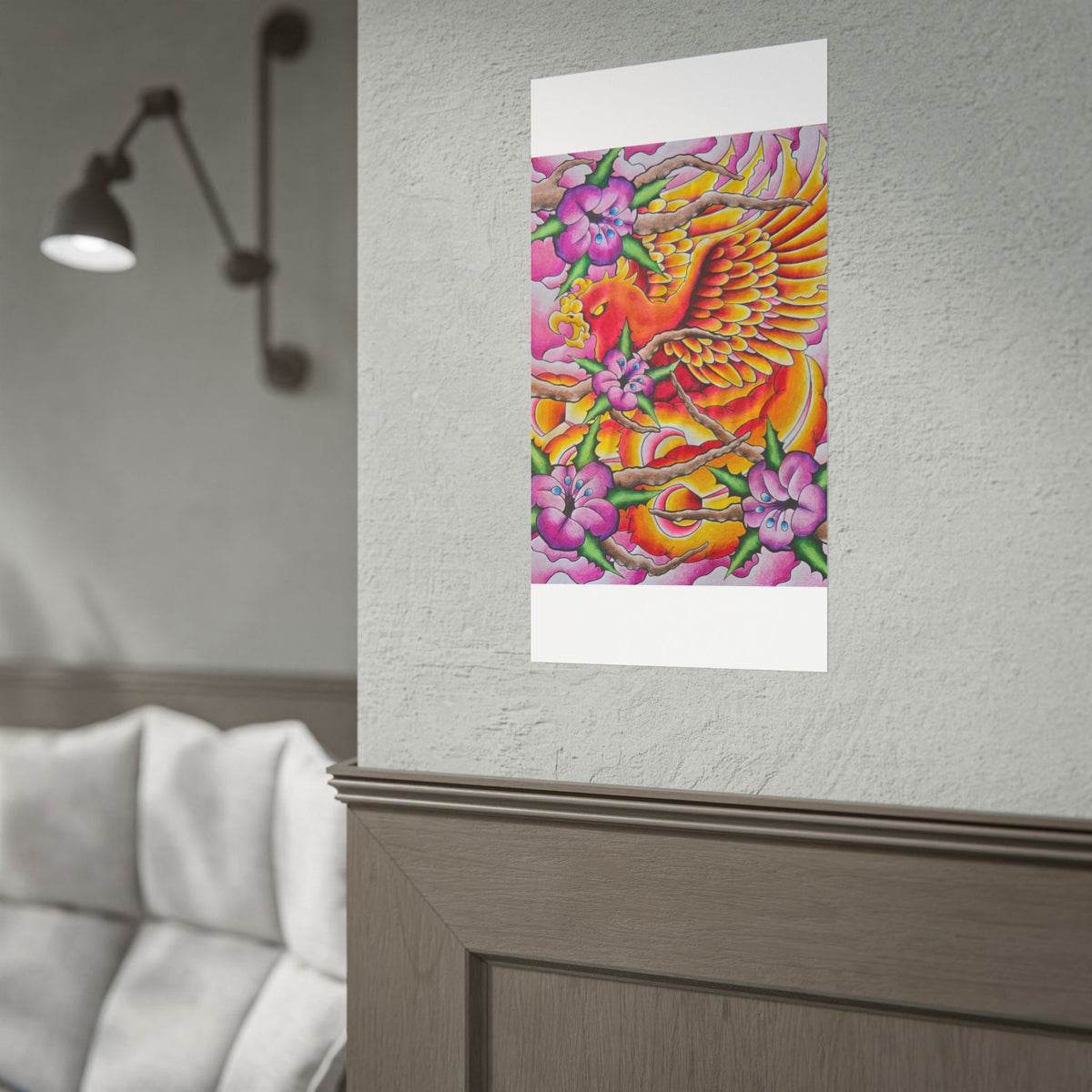 Phoenix Floral Art Poster — Vibrant Tattoo-Style Rolled Print