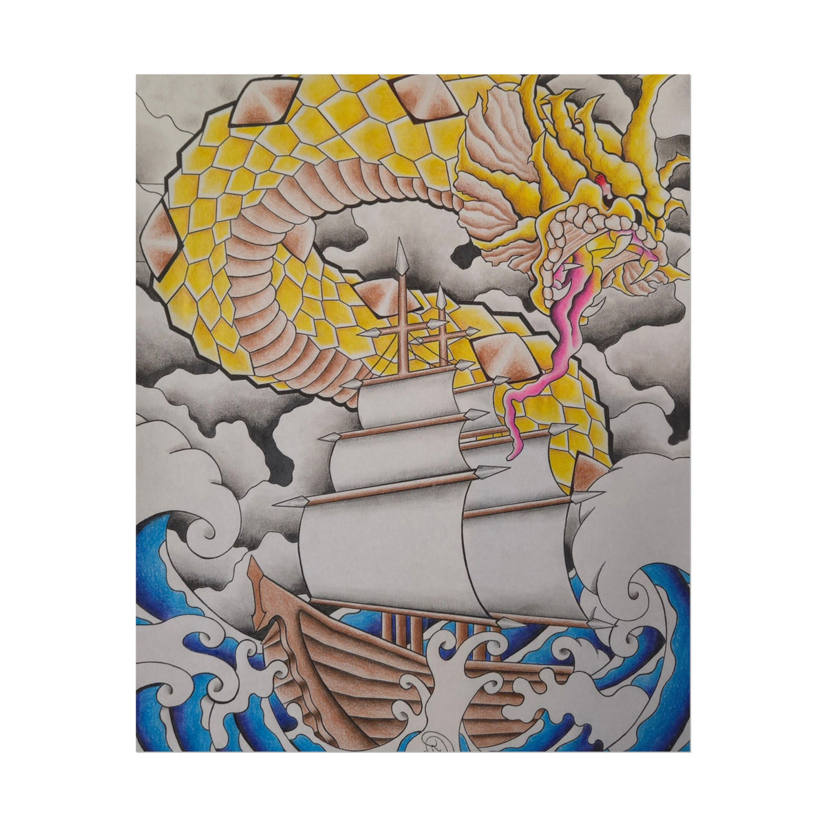 Sailboat & Golden Dragon Poster — Nautical Tattoo Art Rolled Print