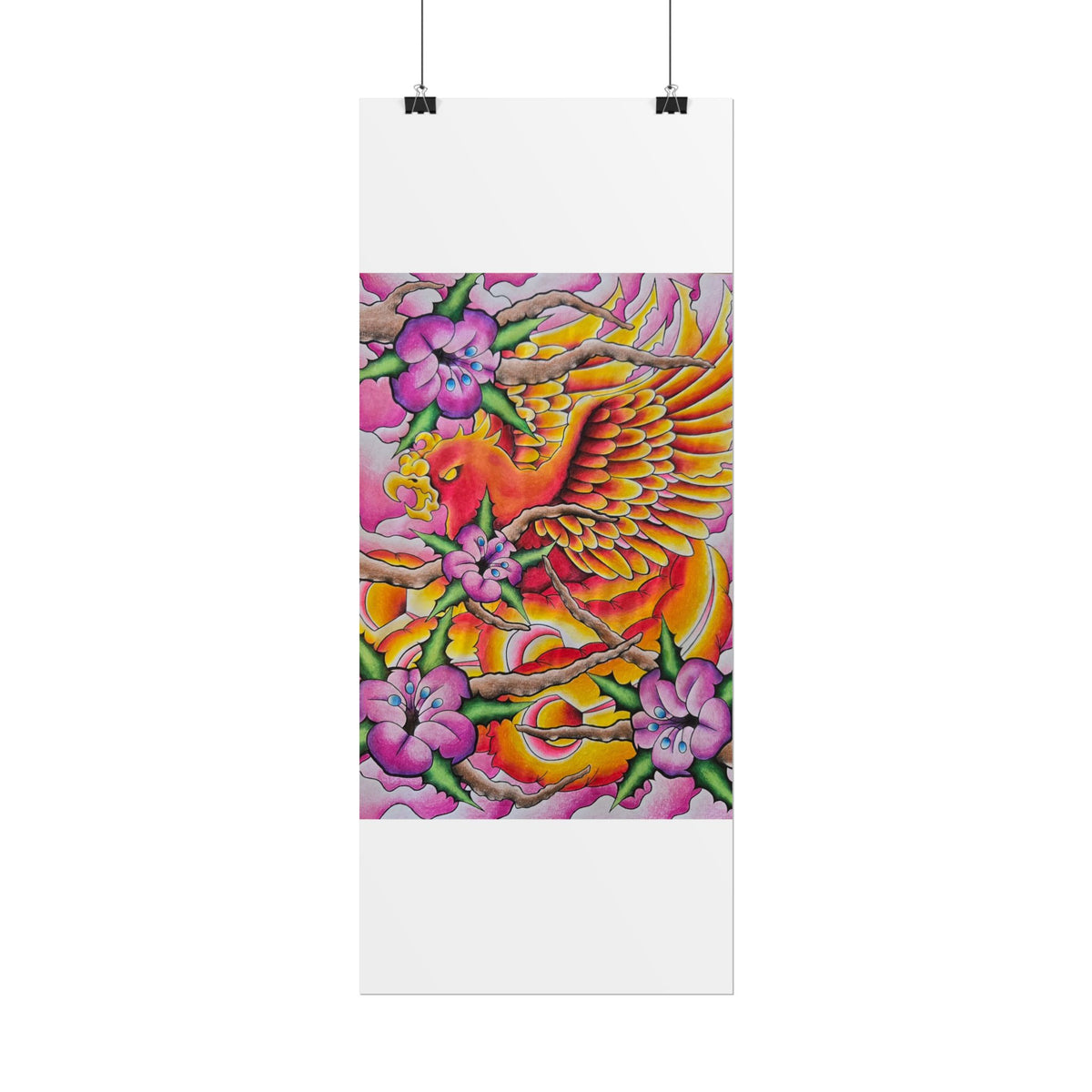 Phoenix Floral Art Poster — Vibrant Tattoo-Style Rolled Print