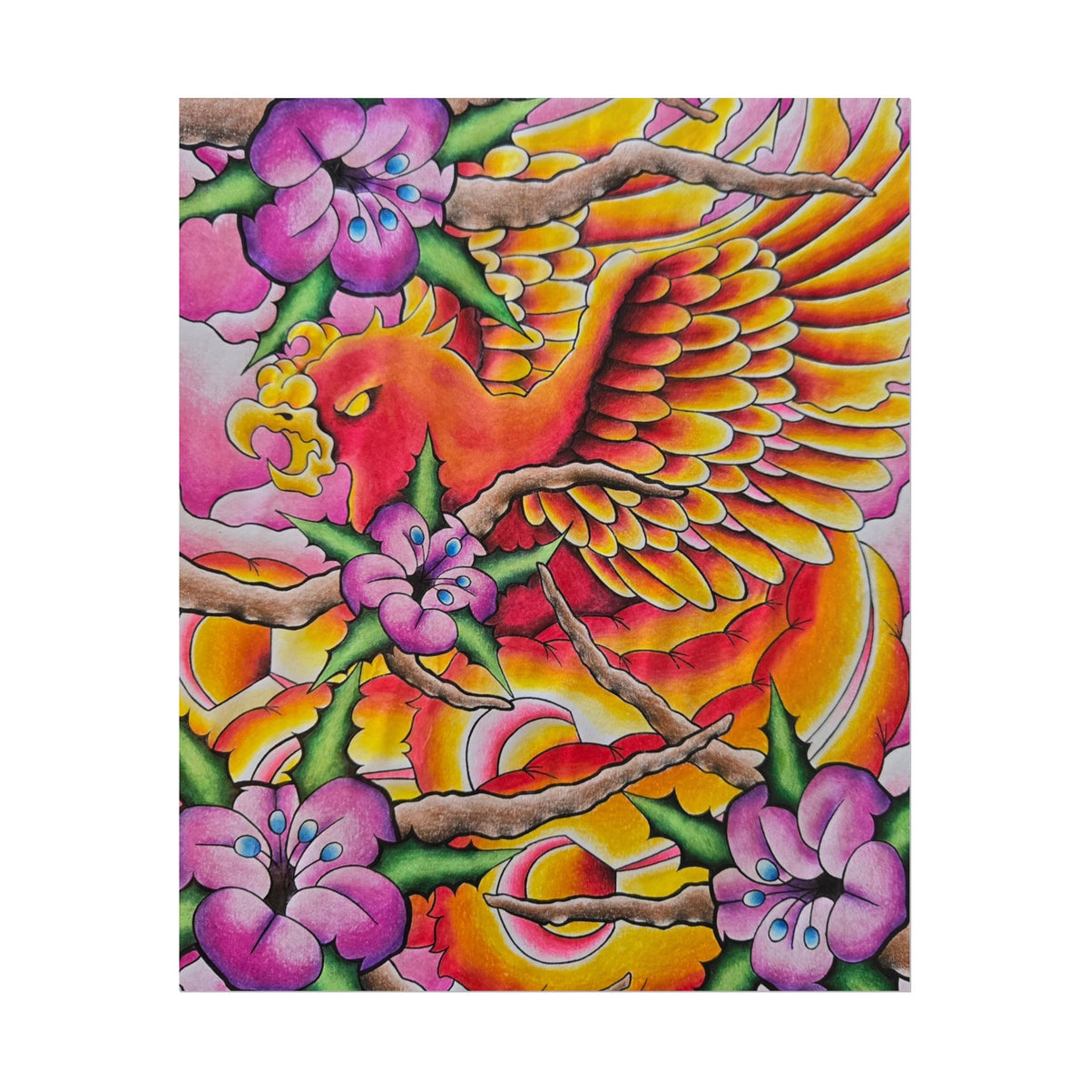 Phoenix Floral Art Poster — Vibrant Tattoo-Style Rolled Print
