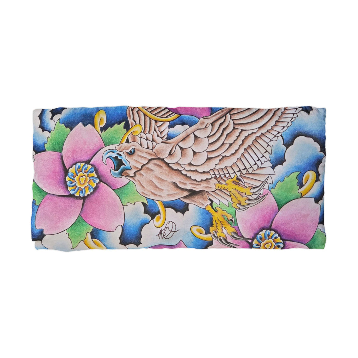 Falcon & Lotus Microfiber Pillowcase — Vibrant Tattoo-Style Floral Bird Design